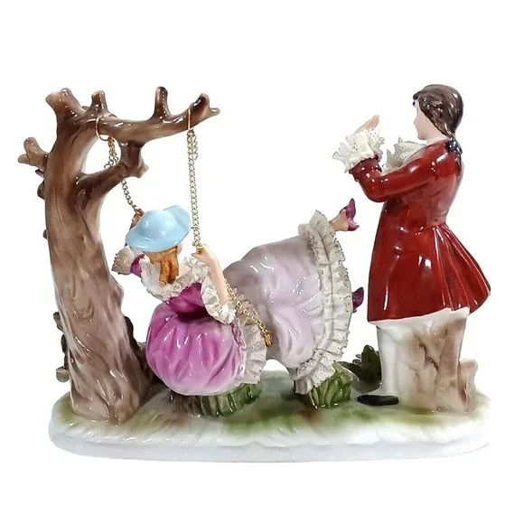 Romantic Dresden Lace Figurine Sculpture Man Woman Tree Swing Capodimonte - Picture 11 of 16